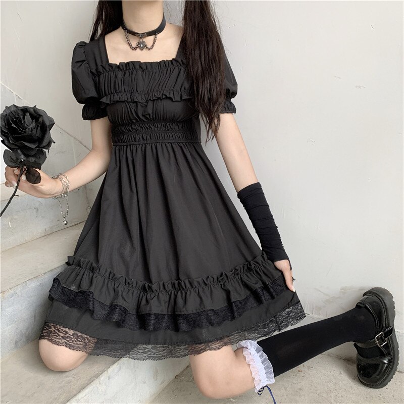 Mujeres japonesas victorianas gótico cuadrado Collar encaje con volantes negro Lolita vestido verano niñas Steampunk Puff manga Mini vestidos