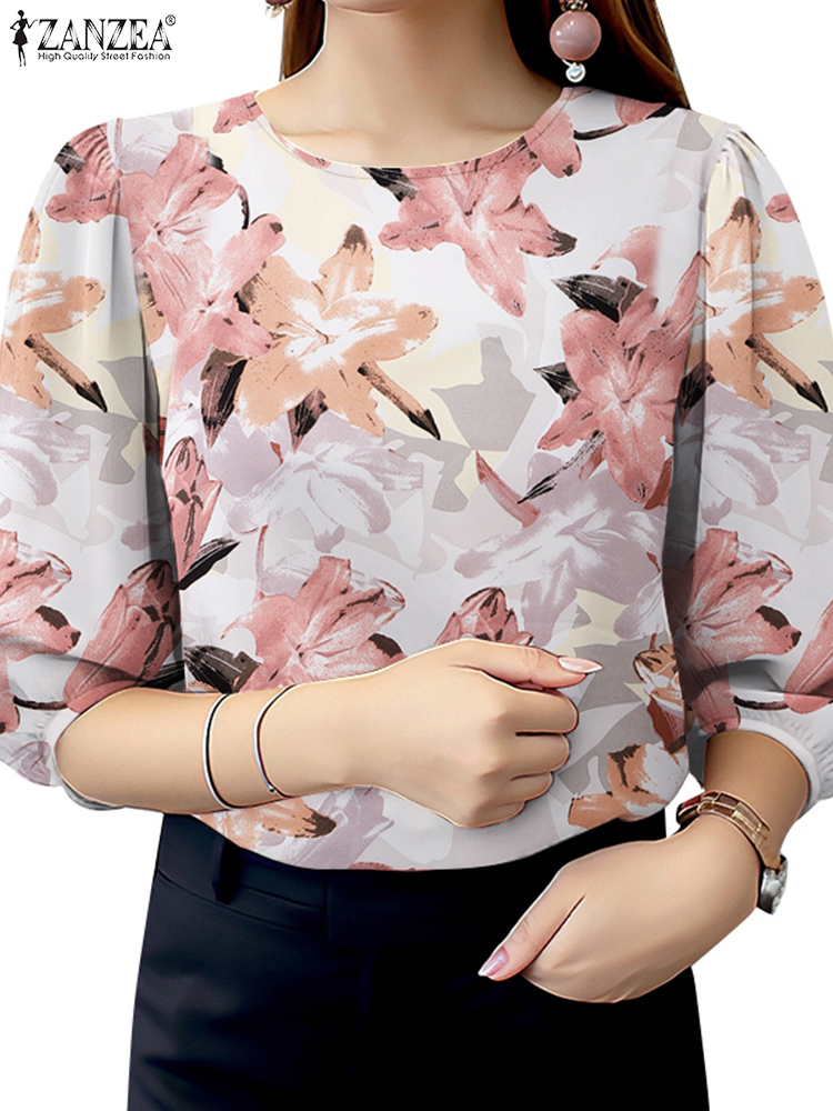Sommer bohemsk bluse med 3/4 ermer for kvinner blomstertrykk strandtopper zanzea stilig skjorte avslappet o-hals arbeidsbluse