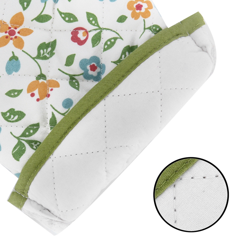 1 Pair Oven Mitts Floral Kitchen Gloves For Oven Cooking, Grill And BBQ Non Slip Gloves, Cotton Lining &amp; Hanging Loop Green