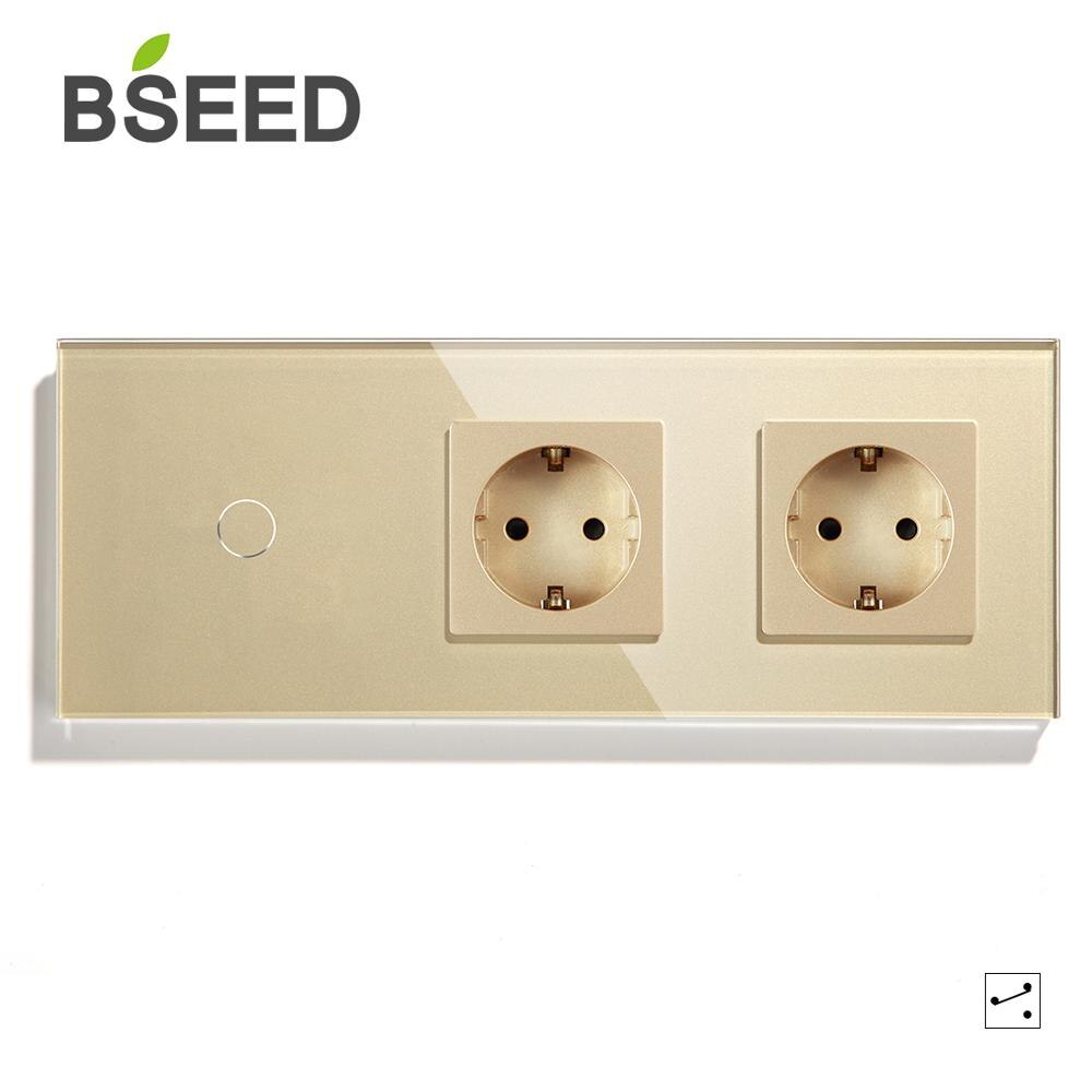 BSEED EU Standard Touch Light Switch 1 Gang 1 Way 2 Way With Wall Socket White Black Gold Wall Switch 228mm Crystal Glass Panel