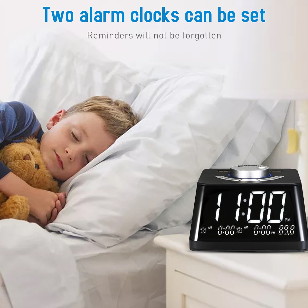 Alarm Clocks Radio Adjustable Volume Display Temperature Dimmer Dual Alarm Digital Clock With FM Radio USB/Battery Table Clock
