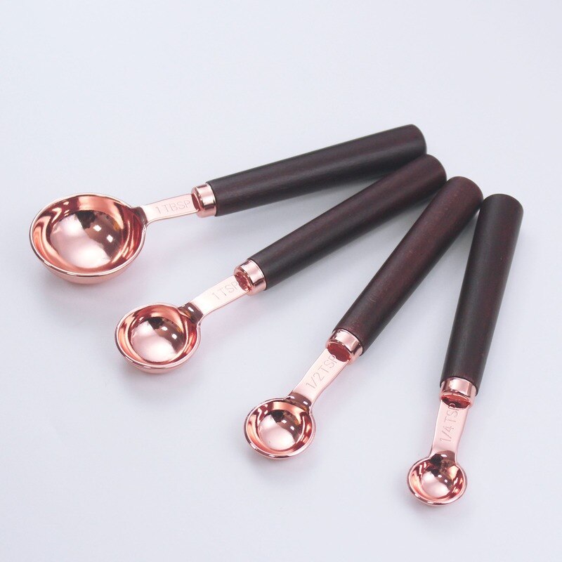 Rose Gold Stainless Steel Coffee Measuring Cup Measuring Spoon Set Utensils Scale Spoon Baking Wooden Handle Measuring Cup