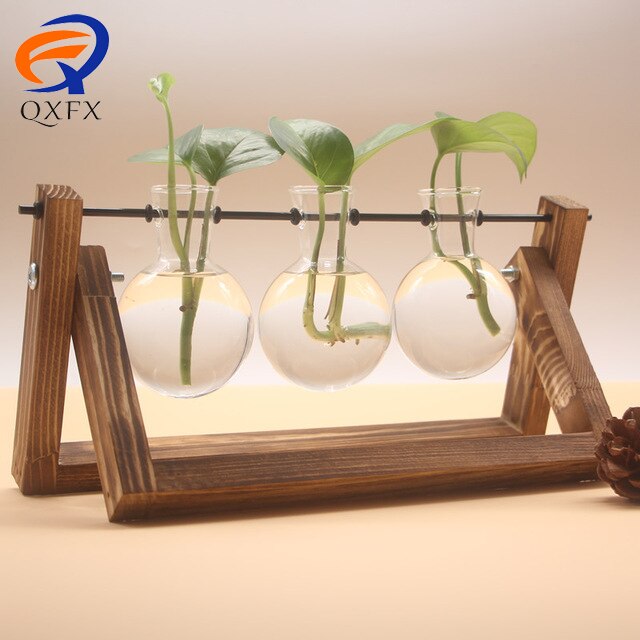 Plante terrarium med træstativ luftplanter pære glasvase metal drejeboks til hydroponics dekoration af hjemmekontoret: Log stil 3