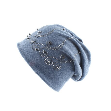 Parel wintermuts dames effen kleur strass skullies mutsen dames herfst mutsen zachte warme katoenen mutsen dames: Blauw
