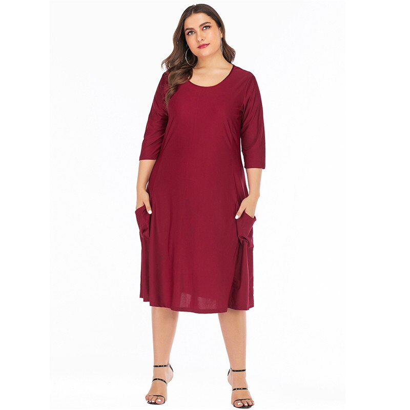 5xl 6xl plus size løs oversize kjole kvinder sommer o-hals trekvart ærmer solid afslappet kjole lommer dame tunika kjoler: Rød / Xl