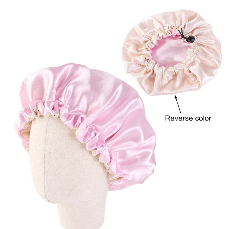 Adjustable Baby Hair Caps Silky Satin Bonnet Double Layer Sleep Cap Night Turban Children Solid Headwear Cute Hat Hair Wear: Pink