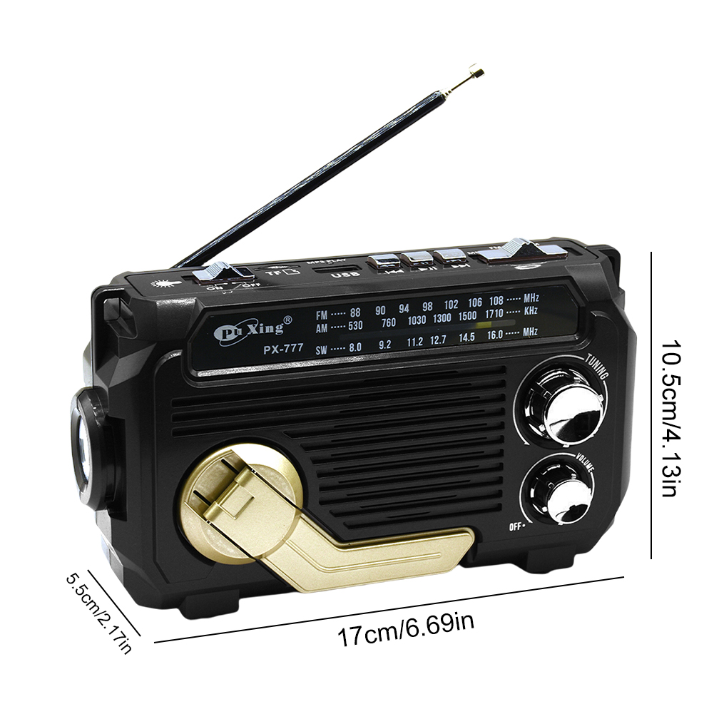 Radio de emergencia con manivela de PX-777, Radio portátil con energía Solar, banda AM/FM/SW con linterna LED, altavoz BT para emergencias: Negro