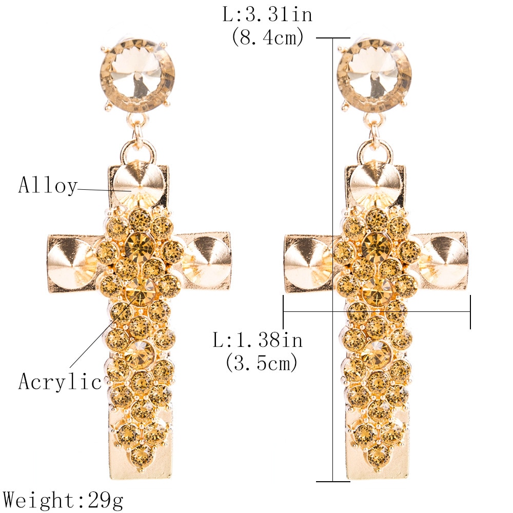 KMVEXO Gold Color Crystal Tassel Earrings for Women Long Cross Dangle Earing Female Wedding Jewelry