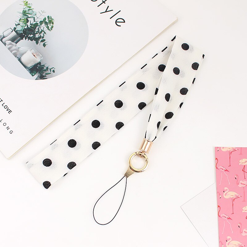 Moda feminina lenço de seda telefone cordão do telefone móvel pescoço cinta temperamento tecido fresco cordão para chaves chaveiro cinta: White dots