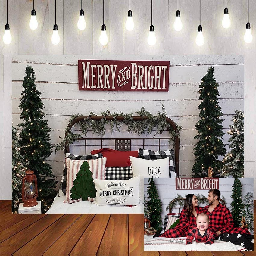 Mehofond Vrolijk Kerstfeest Fotografie Achtergrond Vrolijk En Heldere Kerstboom Bed Houten Muur Photophone Achtergrond Fotostudio