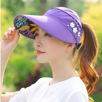 Kvinder sommer solhatte strand hat beskyttelse uv beskyttelse kvinde kasket afslappet dame sommer kasketter hestehale bred skygge hat: Lilla