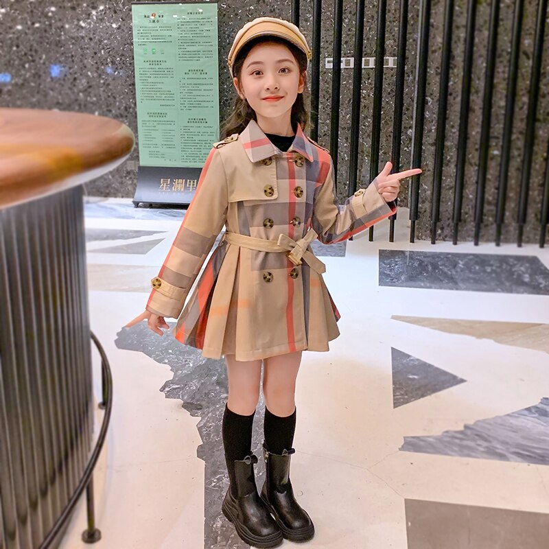 kids 5-17 year plaid long trench double button coats for little girls teens teenage korean autumn winter outwear clothes