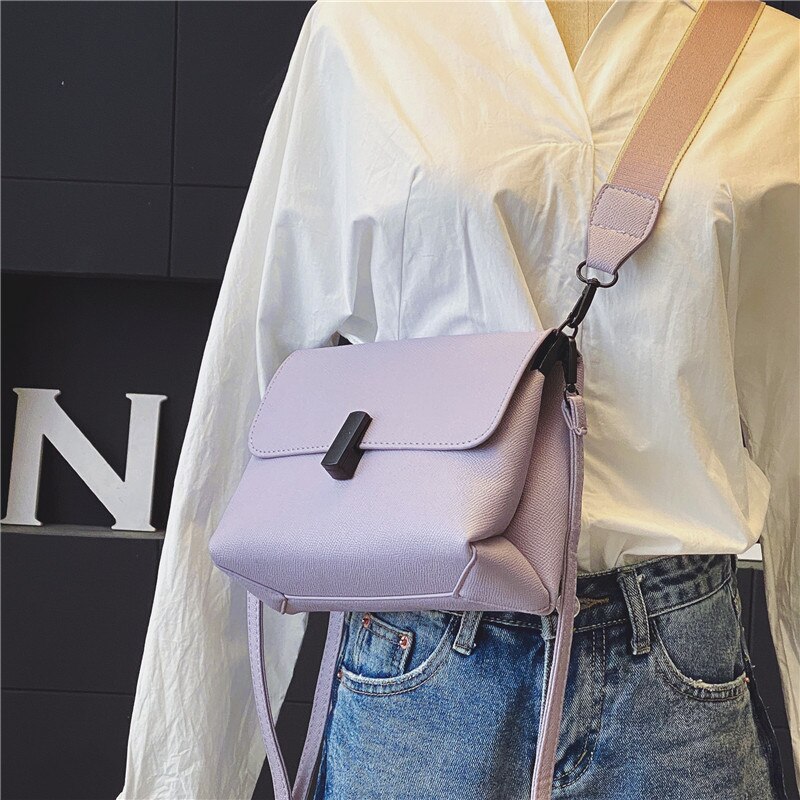 Solid color Flap Crossbody bag High Leather Women's Handbag Wide Shoulder strap Shoulder Messenger Bag