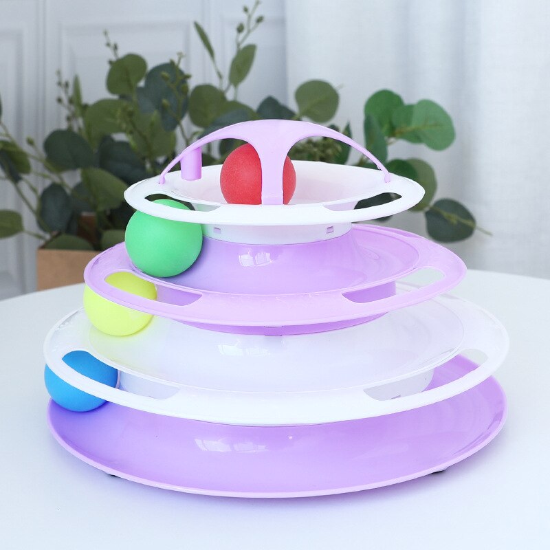 4 Levels Pet Cat Toy Training Amusement Plate Kitten Interacitve Tower Tracks Disc Cat Intelligence Amusement Triple Disc tumble: Purple with White