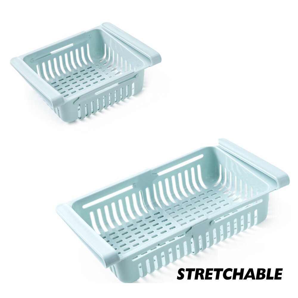 1Pc Verstelbare En Rekbaar Koelkast Organizer Lade Mand Koelkast Pull-Out Lades Verse Spacer Laag Opbergrek: Blue 20.5x16.4x7.6cm