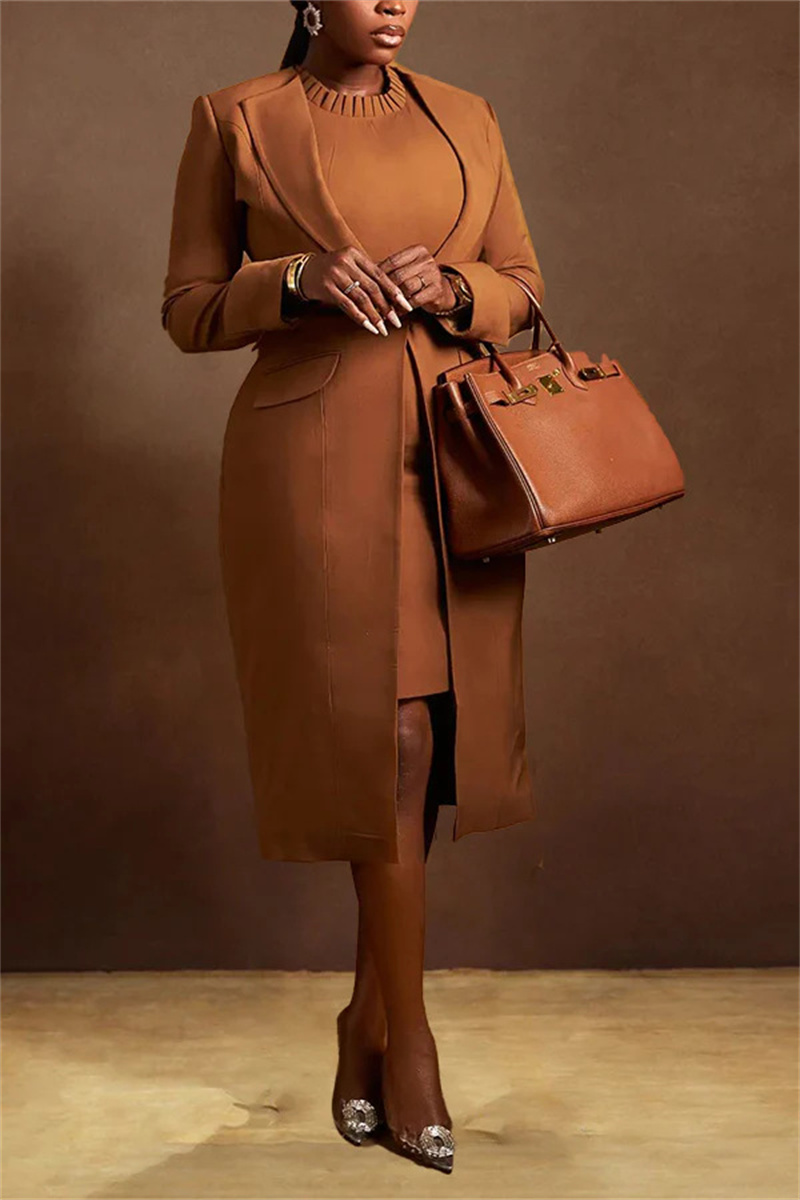 Elegante vintage 2-delige sets damesoutfit herfst winter kantoor dame zakelijk vest met lange mouwen jas en potloodjurksets: L / Bruin