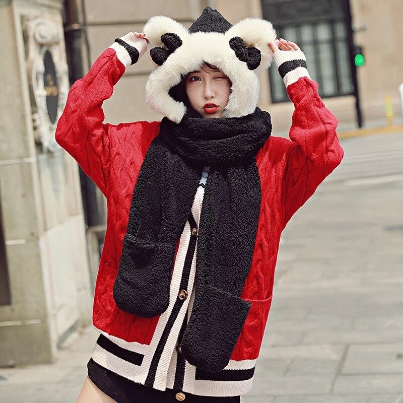 Baby Girls Mom Ears Hats Children Women Winter Warm Plush Winter Scarf Caps Gloves Cute Kids Cute Bunny Funny Hats Cap: Adult-Black