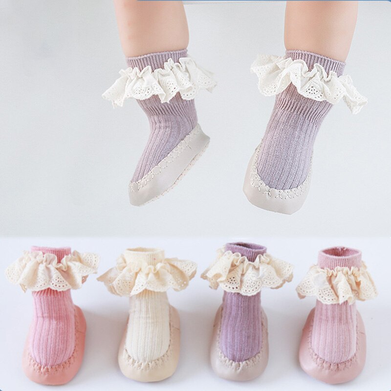 Baby Girls Ruffle Socks With Rubber Soles Infant Sock Newborn Autumn Children Floor Lace Flowers Shoes Anti Slip Soft Sole Sock