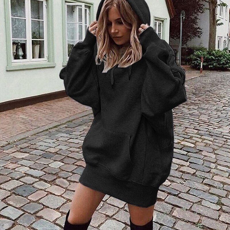 Sweat à capuche de Sport pour femmes, Long, couleur unie, décontracté, ample, tendance, Skateboard, automne, hiver: black / XL