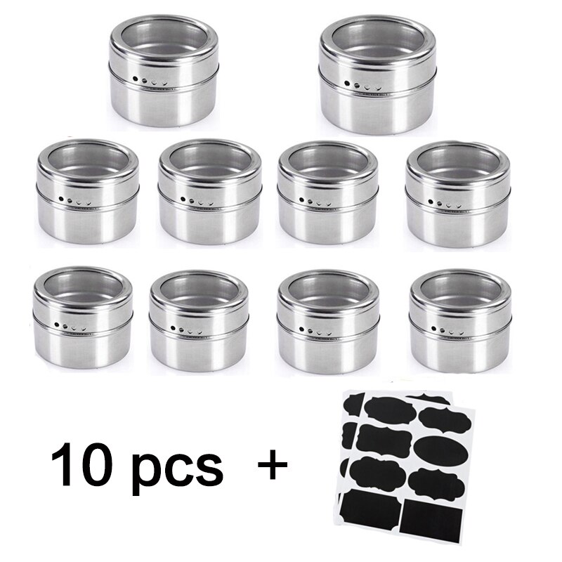 Magnetic Spice Jar Set With Stickers Stainless Seasoning Sprays Tools seasoning bottle Steel Spice Storage Tins Container Pepper: 10 pcs set