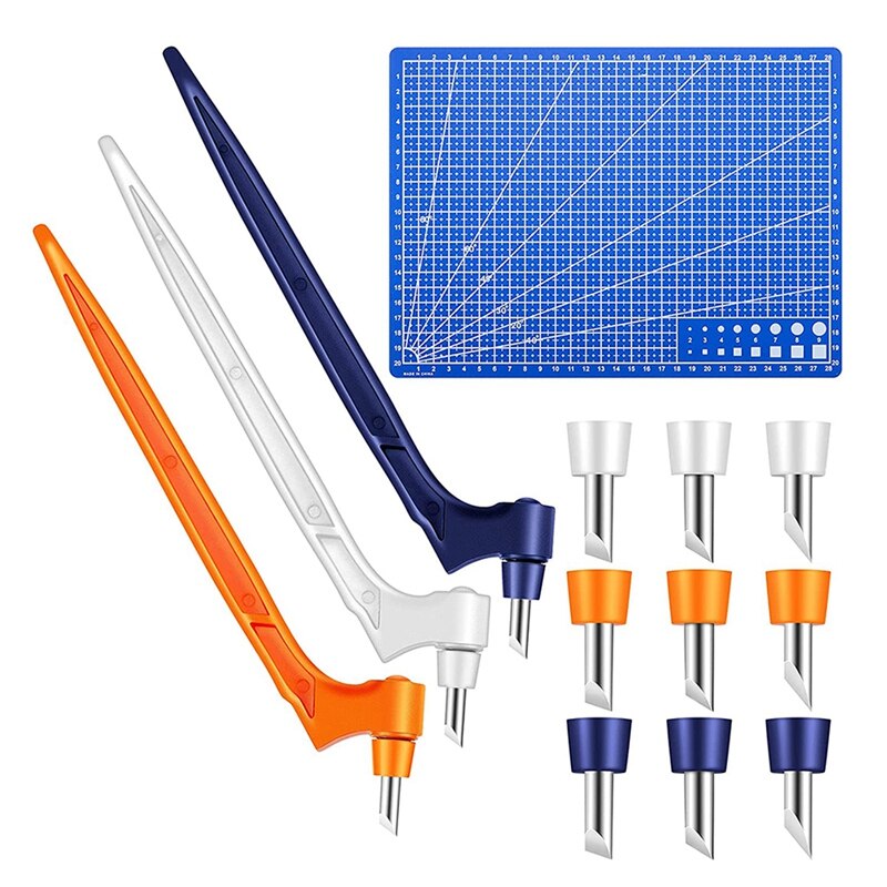 3 Pieces 360 Rotating Craft Cutting Tools Set with 9 Pcs Rotating Carbon Steel Replacement Blade and Cutting Mat