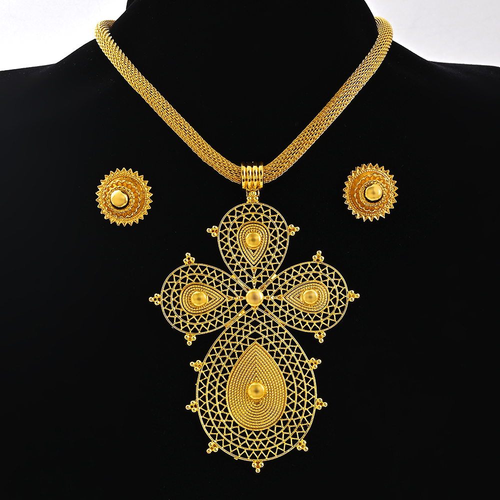 Saoedi-Arabië 24K Goud Kleur Ethiopië Vrouwen Sieraden Ketting Oorbel Afrikaanse Arabische Bruids Set Habesha Eritrea Party: Imitation Rhodium Plated