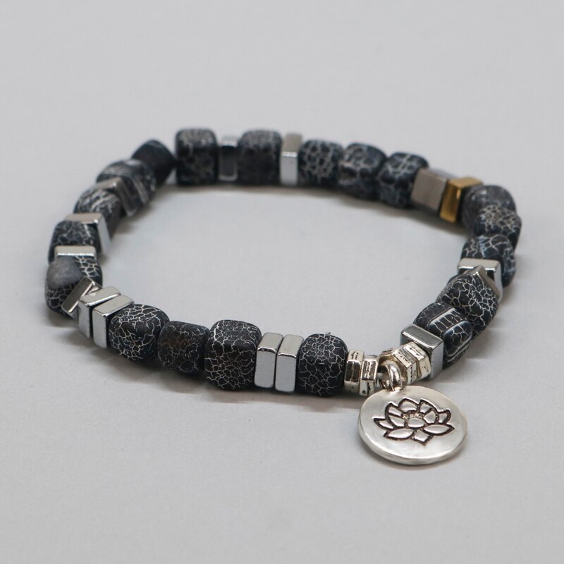 Tibetan Buddha Lotus Bracelet Men Natural Square Weathered Onyx Mala Spiritual Bracelet For Women For Him DX-15