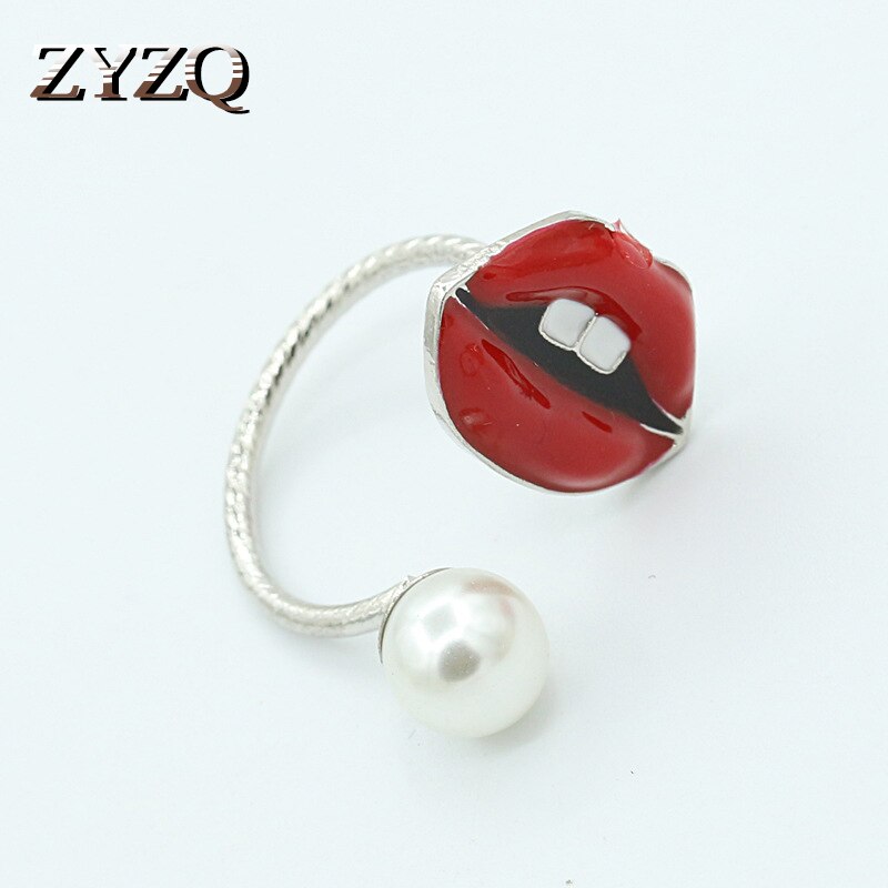ZYZQ Komen Hyperbole Red Lip Print Shiny Eye Vormige Open Ringen Met Gesimuleerde Parel Veel & Bulk Yiwu fabriek