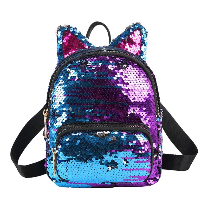 Mochila de lentejuelas con orejas de gato para chicas, bolso escolar de viaje, con cremallera: bule
