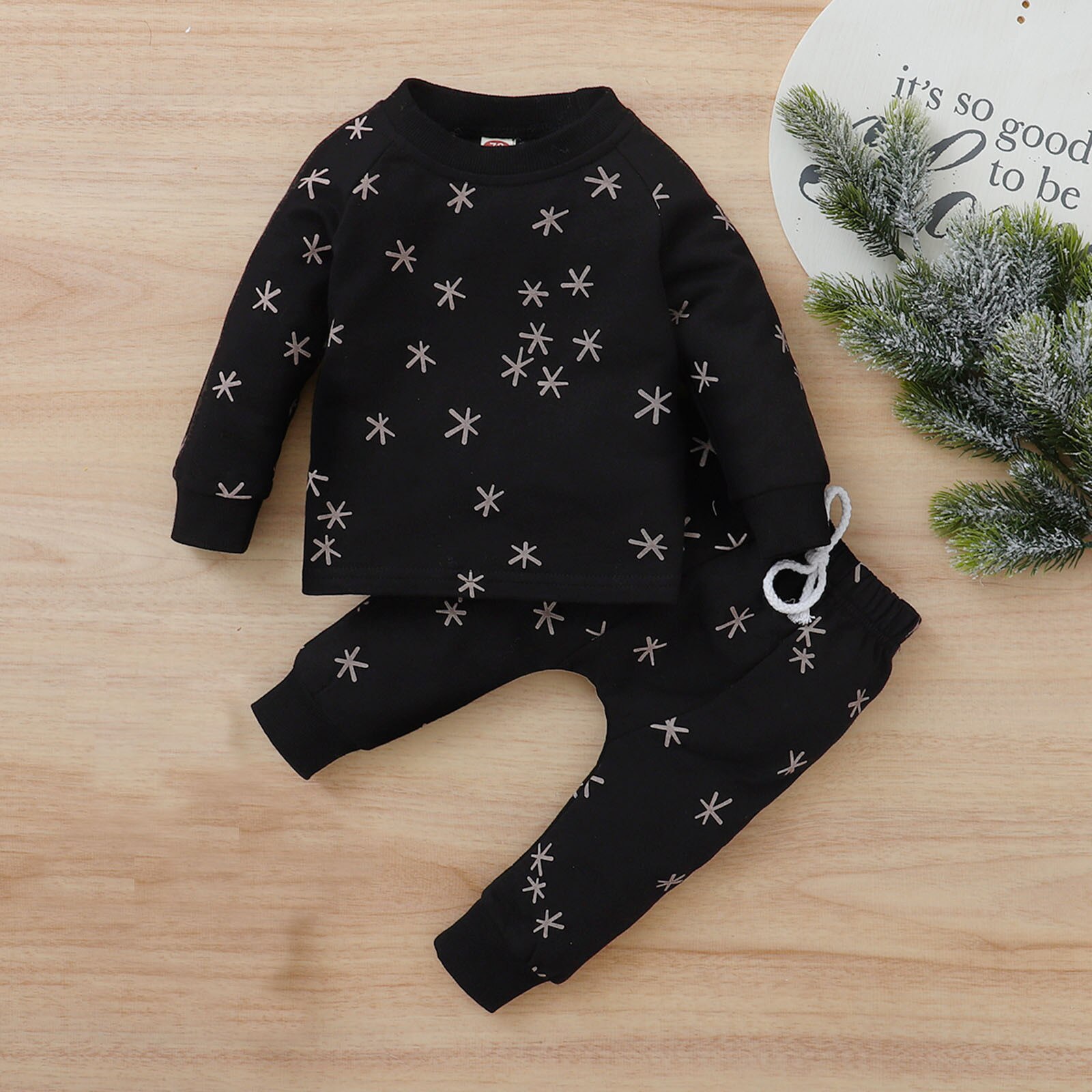 Toddler Infant Kids Baby Boys Girls Nightwear Long Sleeve O-Neck Star Printed Pullover Tops+Pants Home Outfits Set#p4