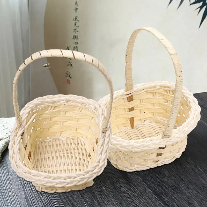 Cesto di fiori in vimini fatto a mano con manico portatile, cesto decorativo per picnic, matrimonio, regalo per bambini, portaoggetti in rattan di vimini pasquale