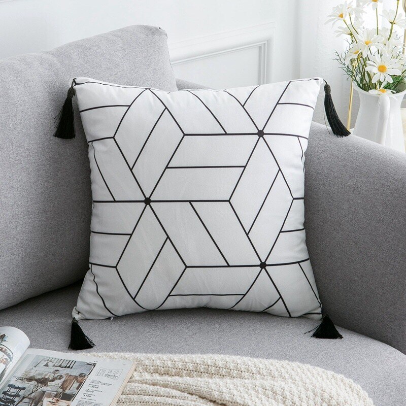 Capa de almofada decorativa simples branco preto retângulo capa de almofada macia 45x45cm 30x50cm simples geométrica pom pom bola franja: E 45x45cm