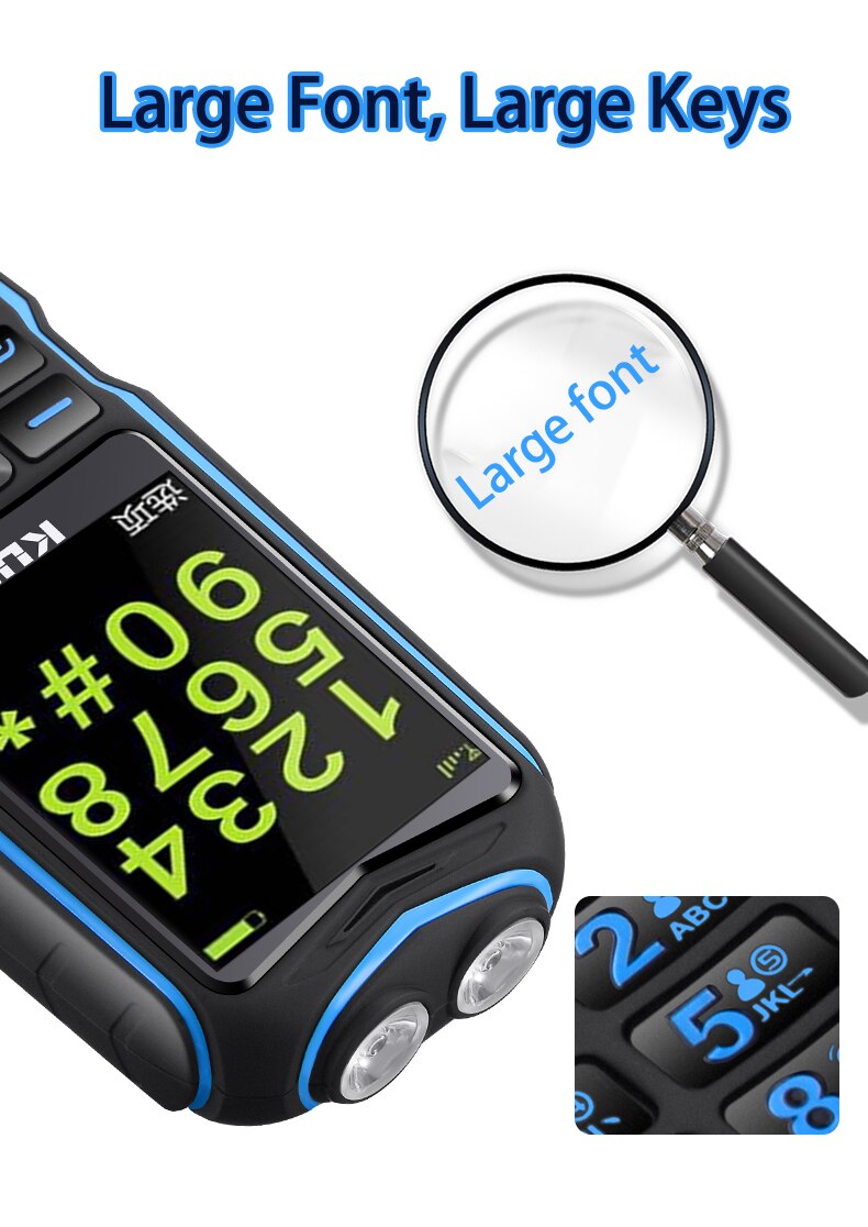 KUH T3 Dual Flashlight Power Bank Rugged Cellphone Big voice Outdoor Shockproof Mobile Phone 13800mAh 2.4 Inch Quick Dial Phone
