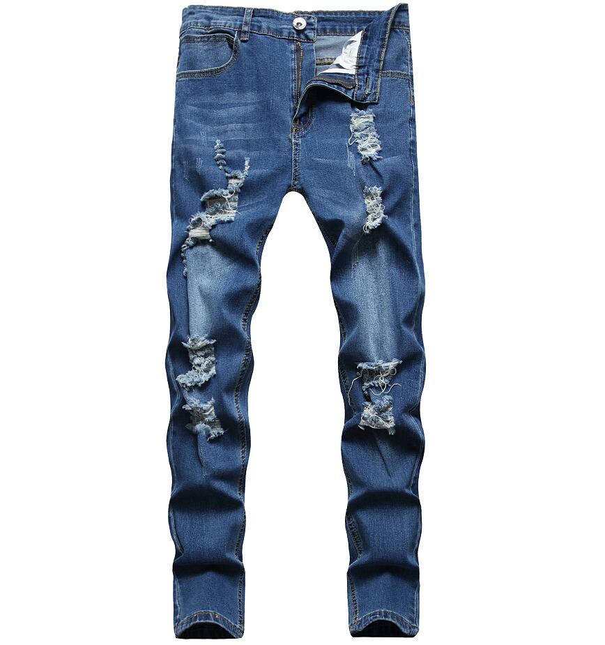 Y2k Mannen Jeans Casual Jeans, effen Kleur Lange Broek Met Gebroken Gaten Slim Kleine Voeten Mannen Ripped Broek: Blauw / Xxxl