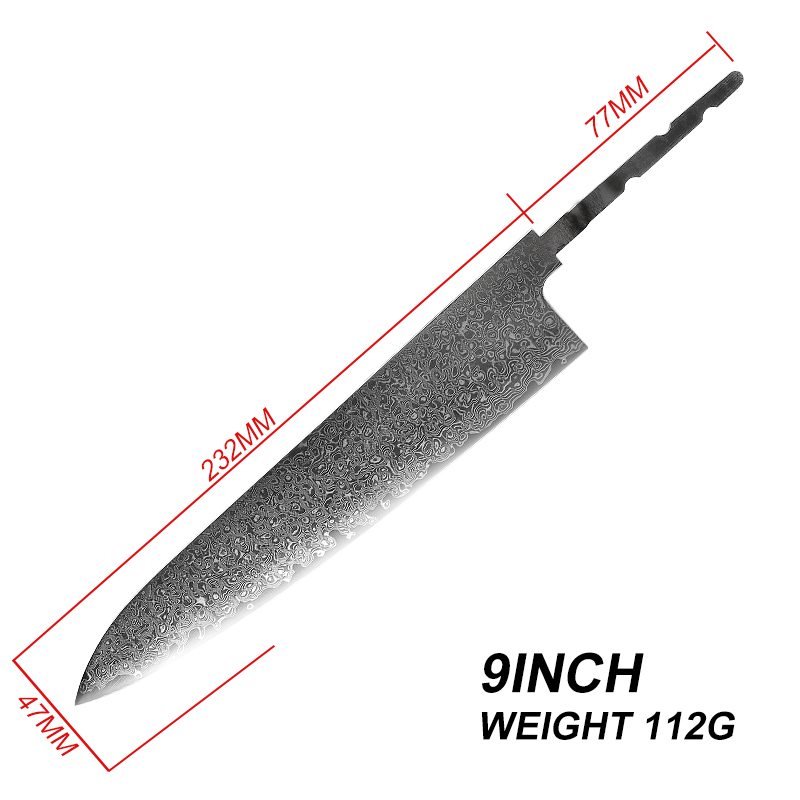 GRANDSHARP Japanese Chef Knifes Blank Blade DIY Damascus Steel VG10 Kitchen Knives Cutlery DIY Knife Making Tool without Handle: 9in Chef Knife
