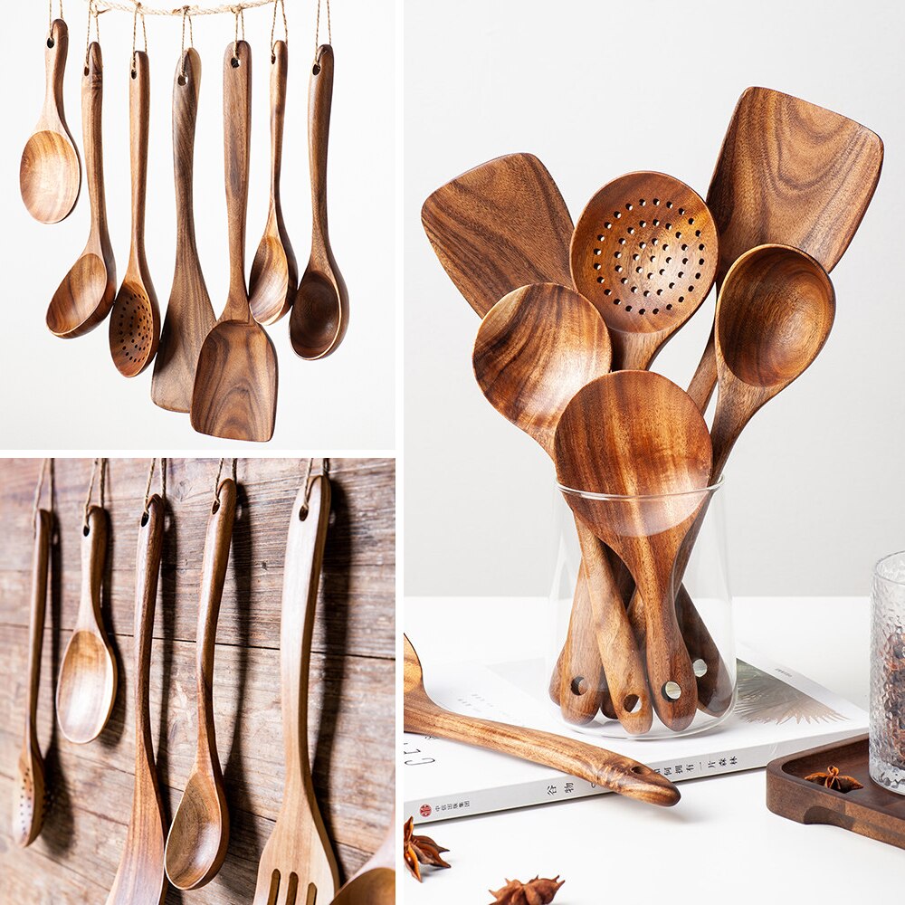 Wooden Kitchen Utensils Set Cooking Spatula Tools Kit Healthy Turners Spoon Baking Eco-friendly ustensile de cuisine bois