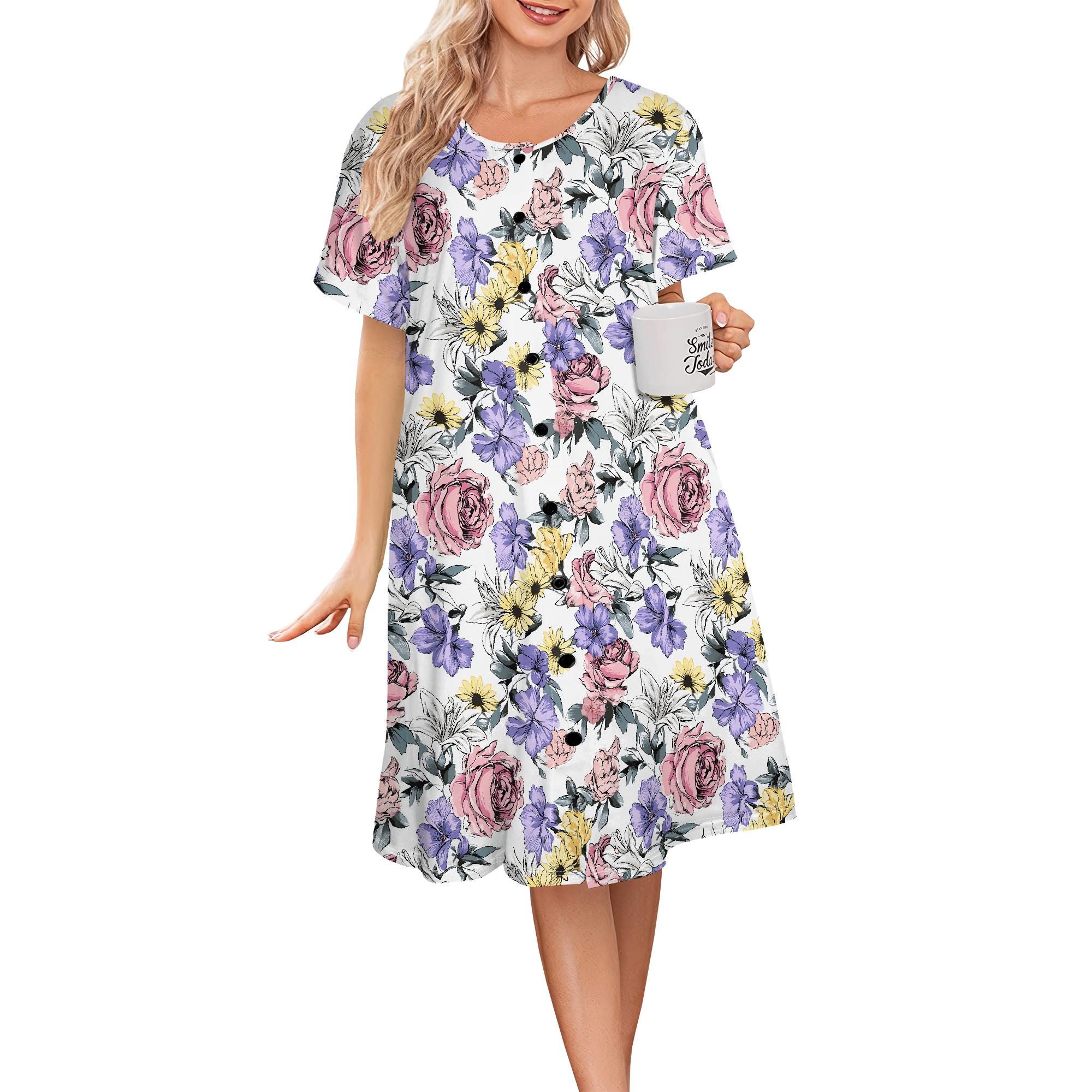 Blomsterprint sommerkjole dame afslappet kjole med knapper og korte ærmer s -3xl vintage blomstermønster: S / Lysegrøn