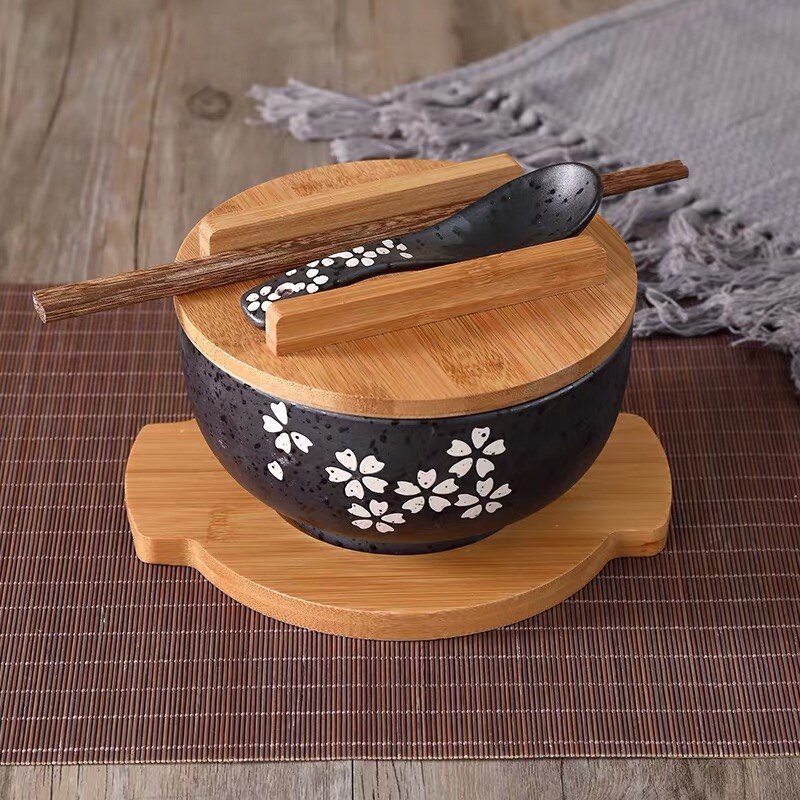 Japansk stil risnudelskål med lågske og spisepinde køkkenudstyr keramisk salat suppeskål madbeholder porcelæn: Skål en med bakke