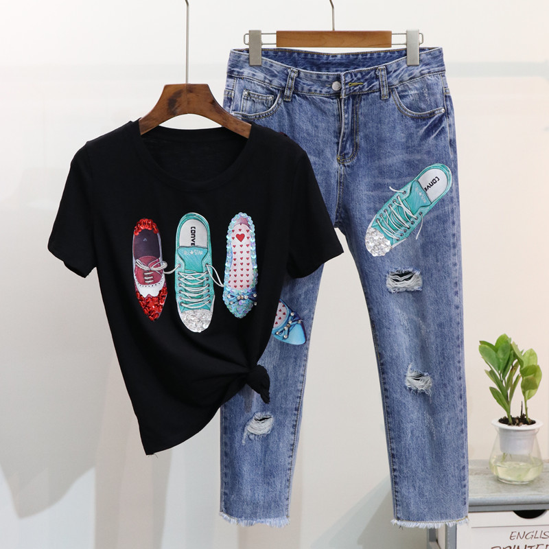 Summer Women T Shirts Denim Pant Suits Beading Sequined Shoes Pattern Tshirt + Hole Tassel Calf-Length Trousers Sets