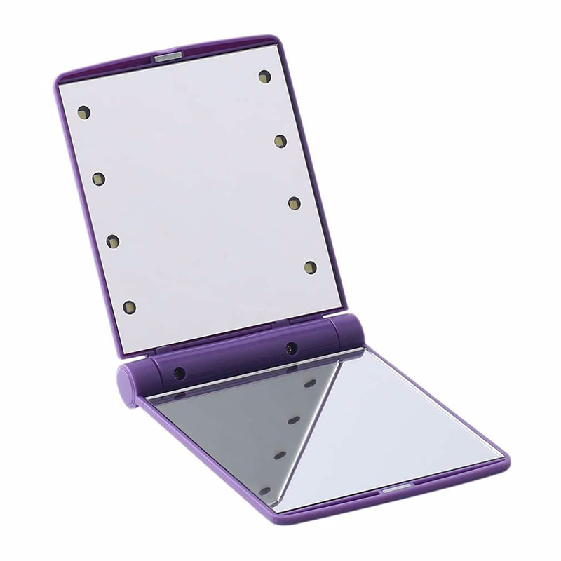 8 LED Lights Women Make Up Mirror Cosmetic Folding Portable Compact Pocket Mirror with Battery Makeup Tool: Purple