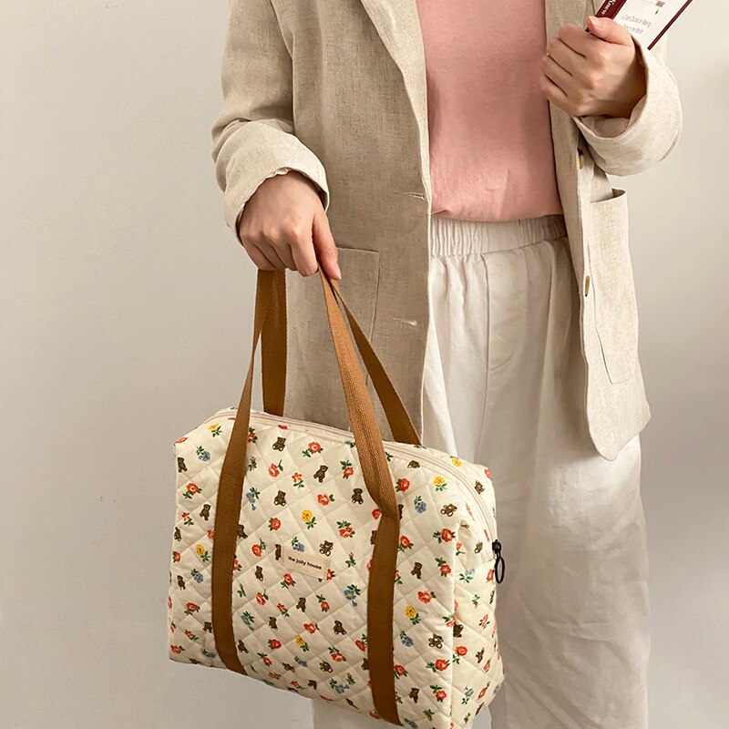 Liberty-Bolso de compras acolchado de algodón para mujer, bolsa de hombro de tela suave con estampado Floral de oso, libros bonitos, con cremallera, grande