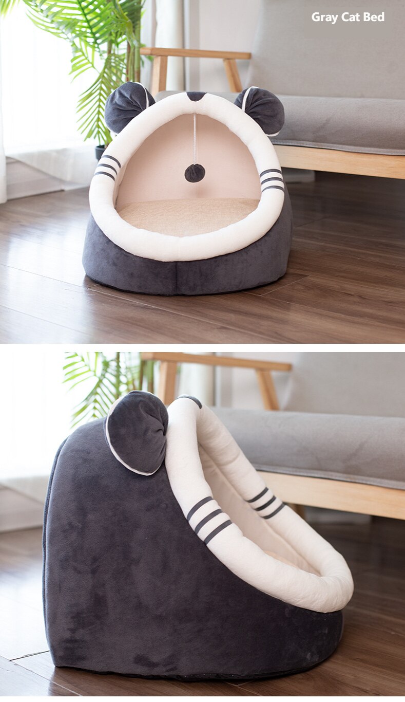 Semi-enclosed Foldable Cat House Cartoon-shaped Cute Cat Bed Warm Cozy Kitten Bed Collapsible