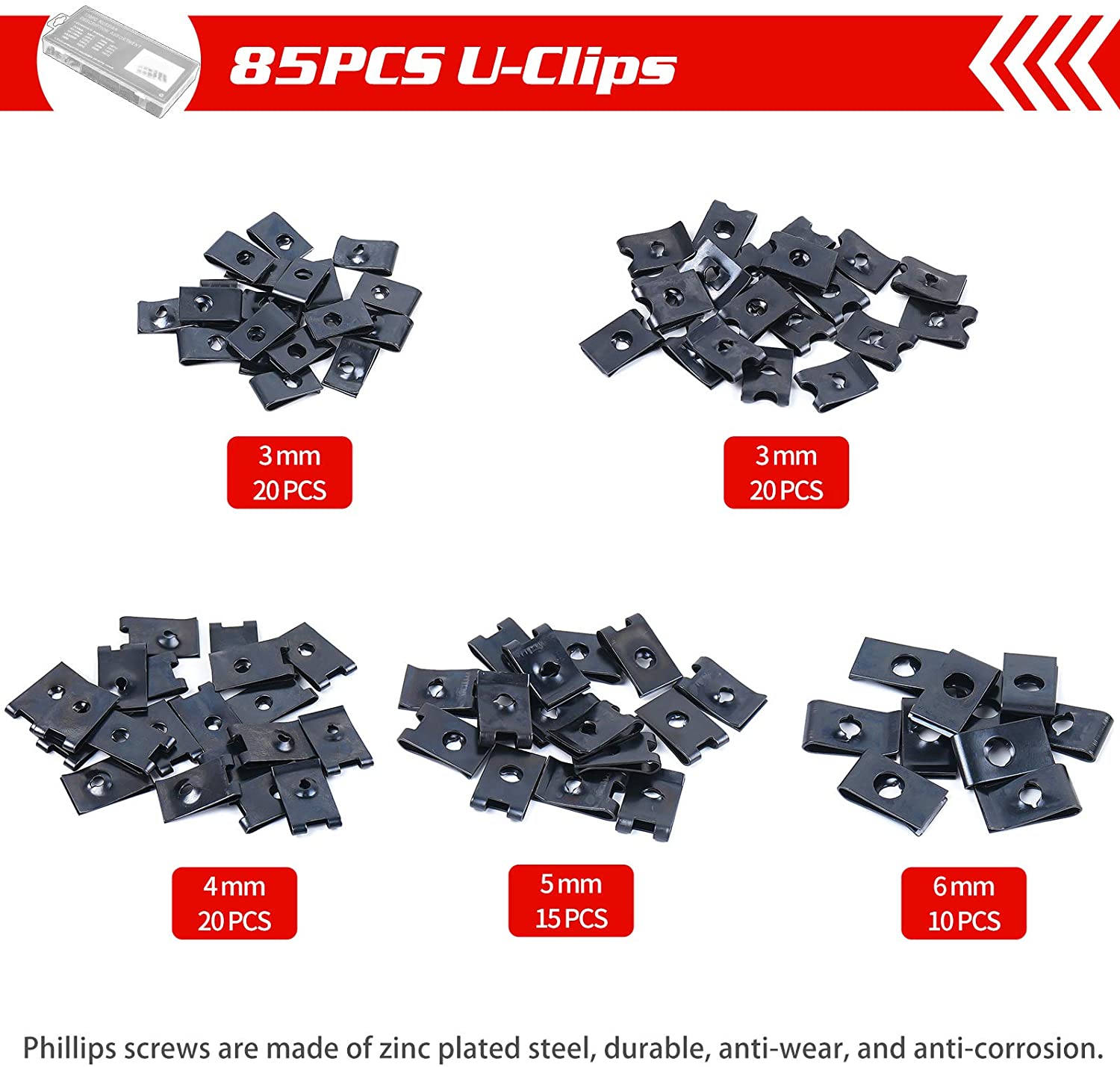 QEEPEI 170PCS Car U Clip with Screw Assortment Kit Automotive U Nut Screw Clip Metal Body Panel Clip Fasteners