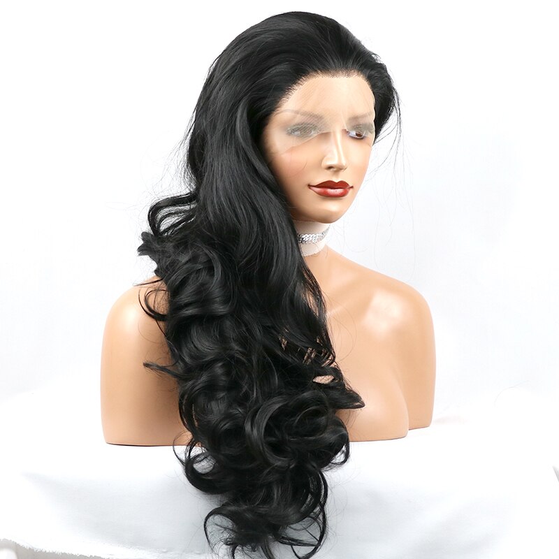 Synthetic Lace Front Wigs 1B Color Long Body Wavy Futura Hair With Natural Hairline for Black Women Daily Wear