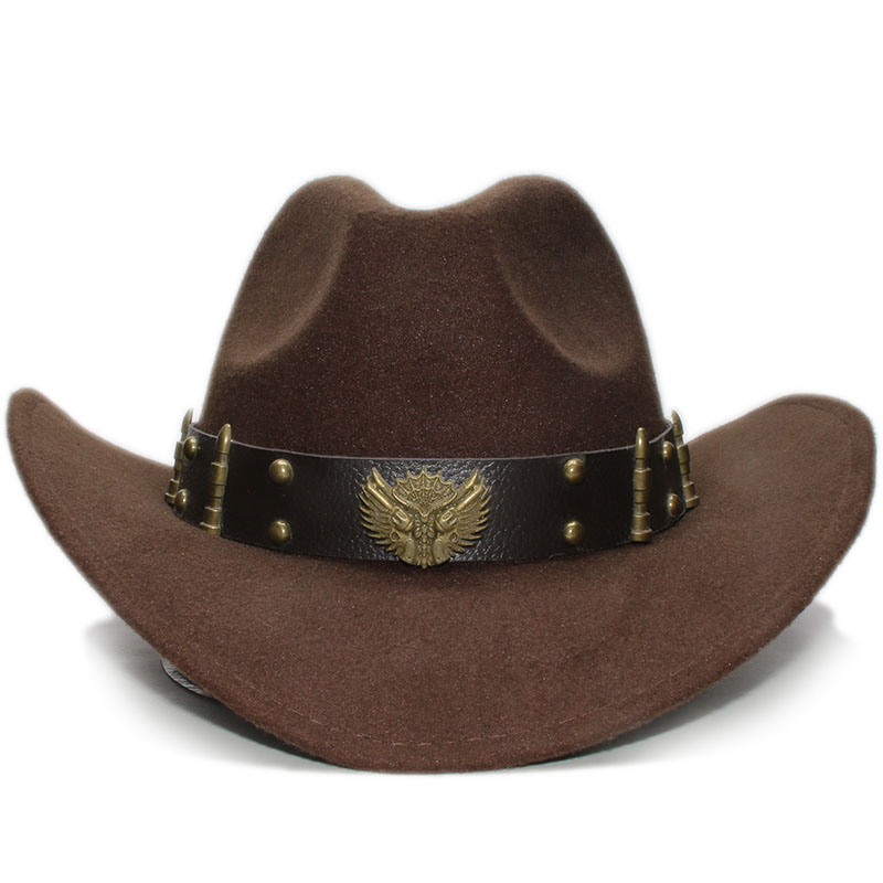 Banda de couro unissex retrô, duas armas, banda de couro para pai-filho, adulto e criança, lã, aba larga, chapéu ocidental, cowgirl, bowler tampa (57cm/54cm: Marrom / Kid Size 54cm