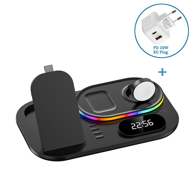 Qi 3 in 1 schnellladestation für iphone 13, 12 11 pro max/apple watch 7, 6 se/ airpods pro, kabelloses ladegerät mit uhrfunktion: Schwarzer eu-stecker (c)