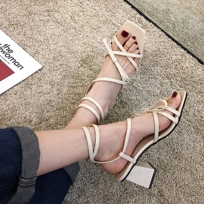 Damesschoenen sandalen zomer stijl lint strik vierkante kop dikke hak kruis veter teen hoge hakken: Wit / 38