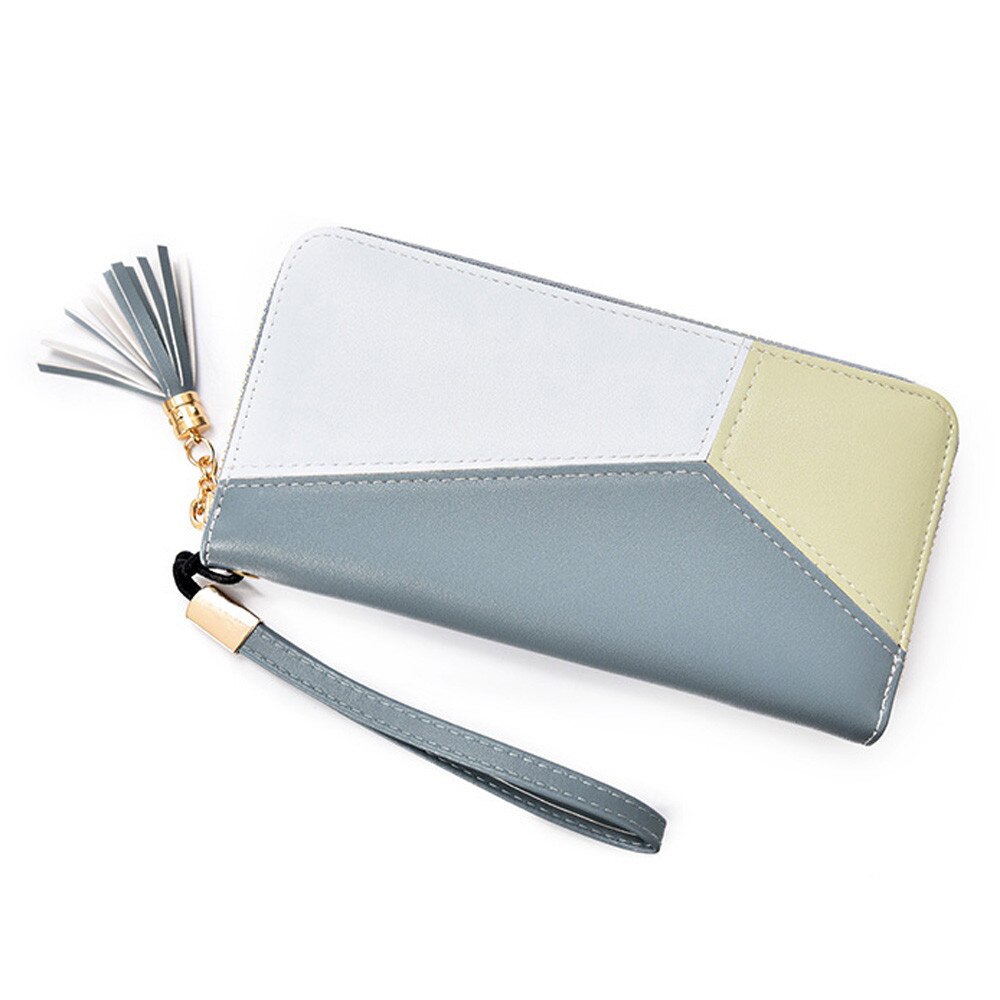 Long wallet wallet women's tassel patchwork long wallet ladies wallet card bag handbag card package W: Blue