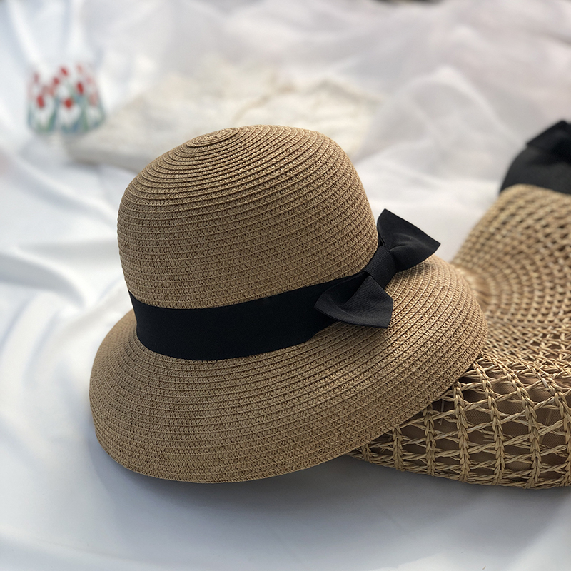 Hepburn-Sombrero de sol con lazo para mujer, sombrero de paja, sombrero de cubo, protector solar de color, sombrero de playa,