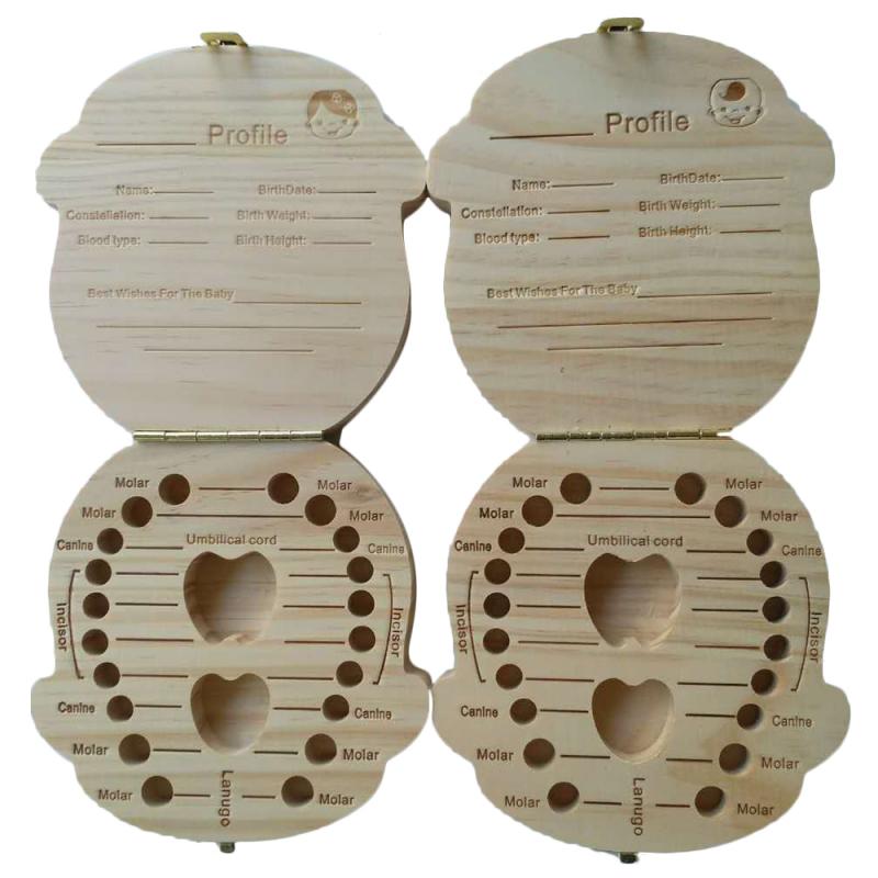 Baby Spanish English Wooden Tooth Box Organizer Boys Girls Infant Baby High Teeth Case Souvenirs For Children Kids